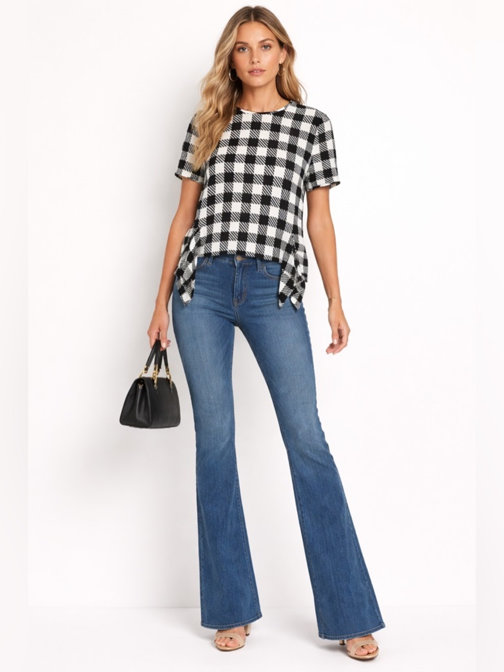 Victoria Victoria Beckham gingham checkered short sleeve blouse black and white